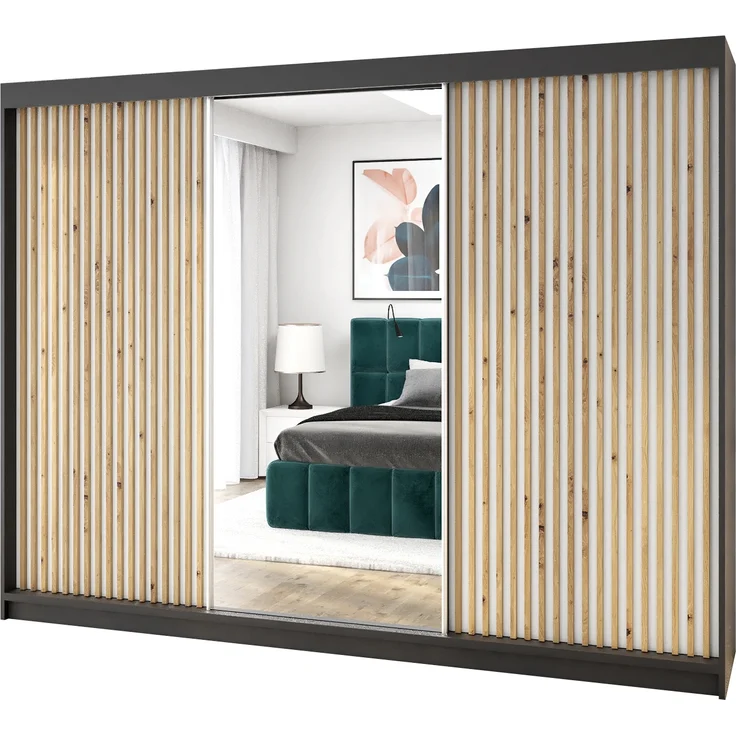 A&J MöbelLand Schwebetürenschrank FARA 200 cm, mit 4 Schubladen, Spiegel, 3D Lamellen – Bild 2