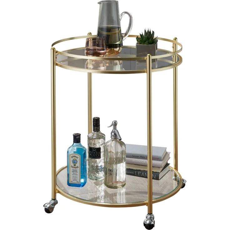 Wohnling Design Servierwagen JAMIE Gold Ø 57 cm Beistelltisch | Teewagen Metall mit Rollen | Küchenwagen mit Glasplatten | Barwagen rund 75 cm hoch | Küchentrolley modern | Rollwagen