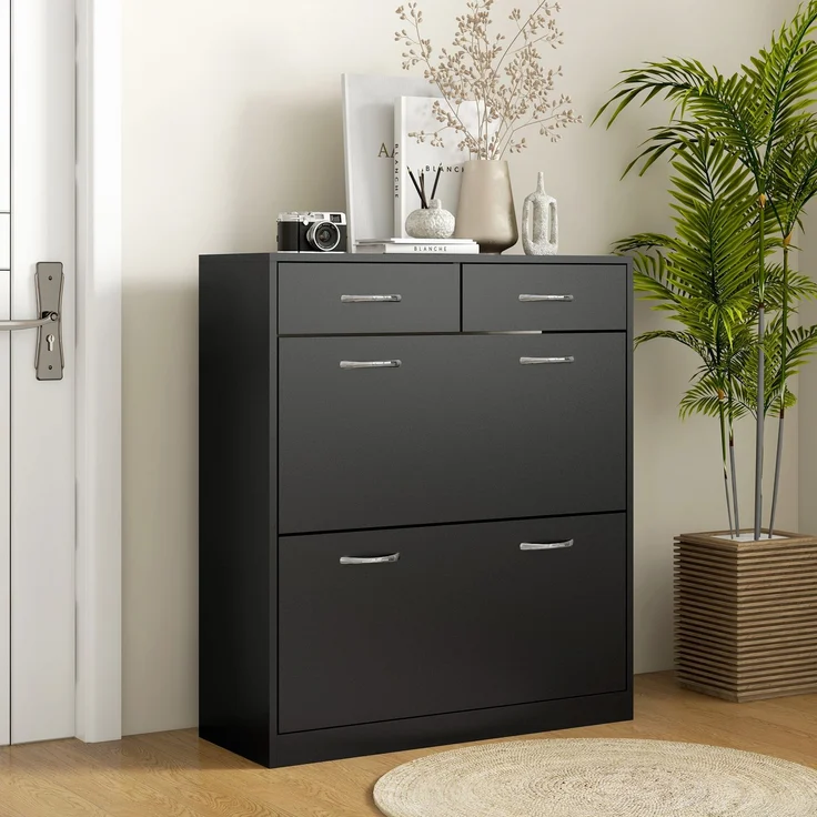 Schuhschrank mit 2 Schubladen und 2 Klapptüren, mit verstellbarem Einlegeboden, Aluminiumgriffe. 80 x 30 x 91,5 cm, Schwarz – Bild 3