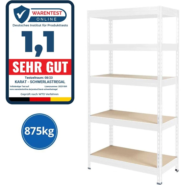 Schwerlastregal | Weiß | für Keller & Werkstatt | Gesamtlast: 875 kg | 220 x 90 x 45 cm