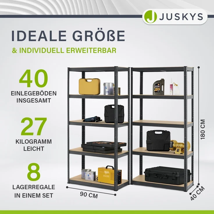 Juskys Lagerregal Basic 8er Set 180x90x40 cm – 8 Schwerlastregale mit 40 Böden – max. 7000 kg - Metall verzinkt - Regale Kellerregal Metallregal – Bild 1