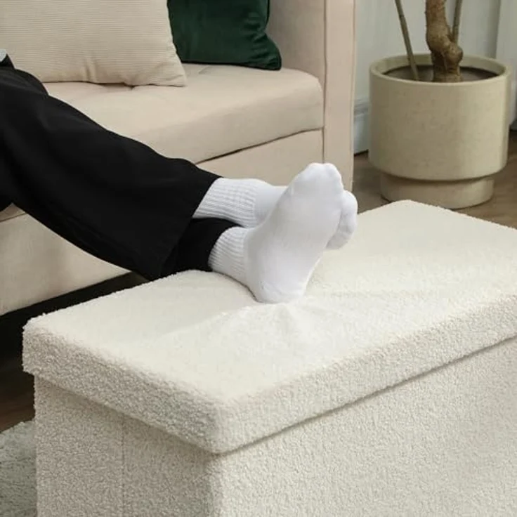 HOMCOM Sitzbank mit Stauraum, faltbar, mit Samtoptik, Sitztruhe (Truhenbank, 1-St, Polsterbank), für Flur Schlafzimmer Wohnzimmer, 76 x 38 x 38 cm Cremeweiß – Bild 7