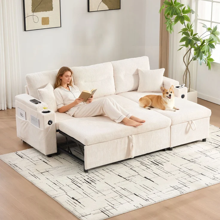 LVHOM Ecksofa mit Schlaffunktion L-Form, Schlafsofa mit Bettkasten, Loungesofa mit USB-C-Anschluss, Seitentaschen und Becherhaltern, Polstersofa aus Cord, Bettsofa ausziehbar 3 Sitzer – Bild 10