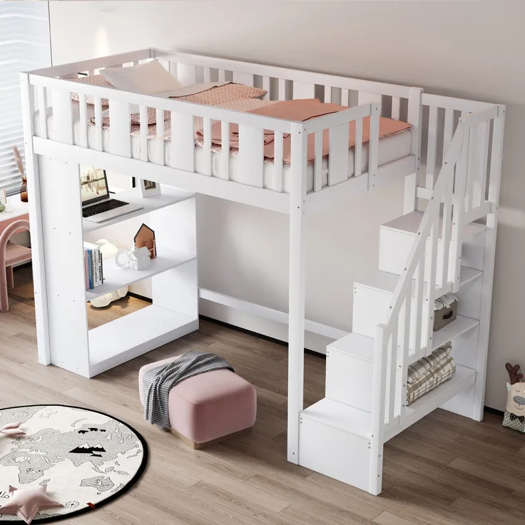 Kinderhochbett 90x200 cm aus Kiefernholz mit Sicherheitsleiter, Stauraum, 3 Fächern, Weiß, Multifunktionsbett