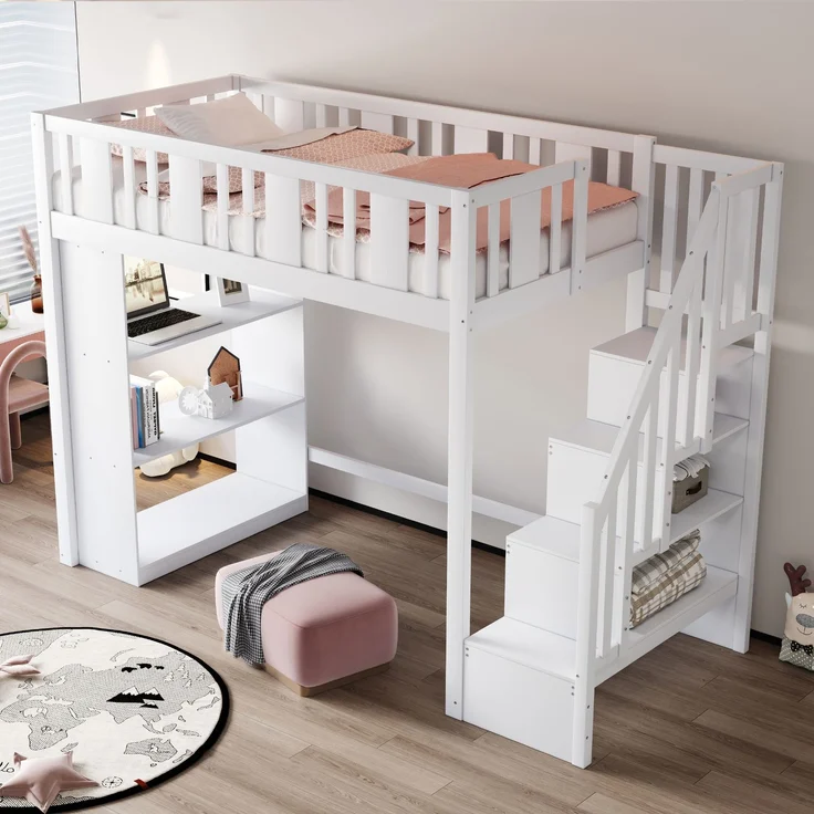 Kinderhochbett 90x200 cm aus Kiefernholz mit Sicherheitsleiter, Stauraum, 3 Fächern, Weiß, Multifunktionsbett – Bild 1