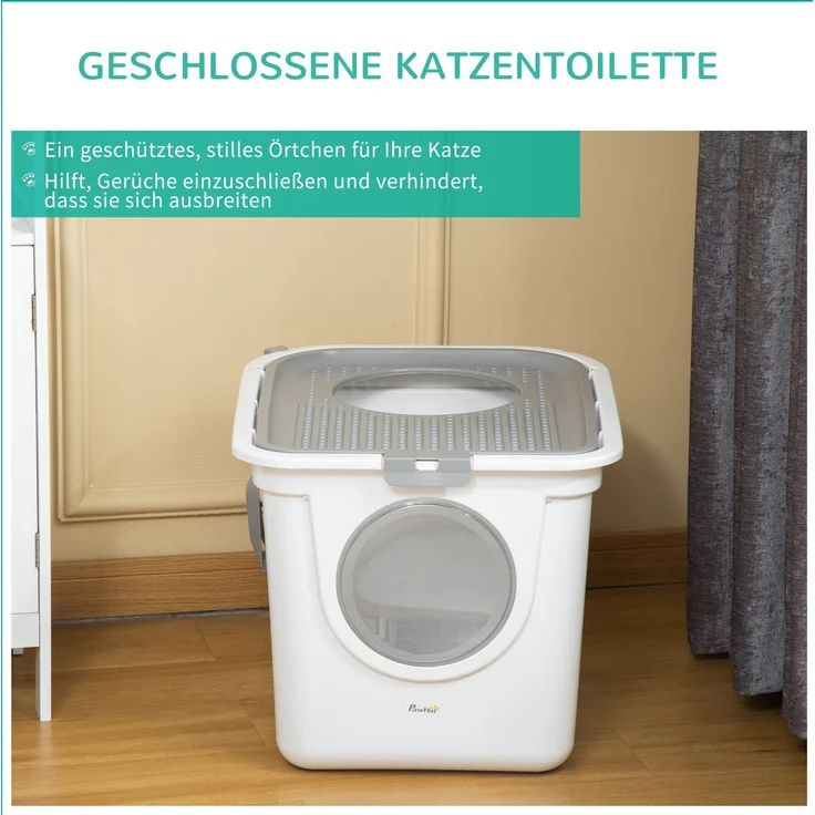 Katzentoilette 44 x 55 x 39 cm mit Deckel, oberem Ausgang und Schaufel – Weiß – Bild 5