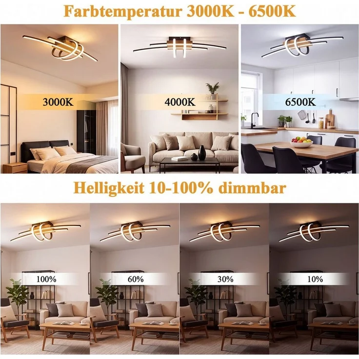 Nettlife LED Deckenleuchte 2/3Flammig Dimmbar Fernbedienung Holz Moder,36/46W Deckenlampe Schwarz, LED fest integriert, für Küche Flur Wohnzimmer Esszimmer 73.5*22.5*14.2cm – Bild 2