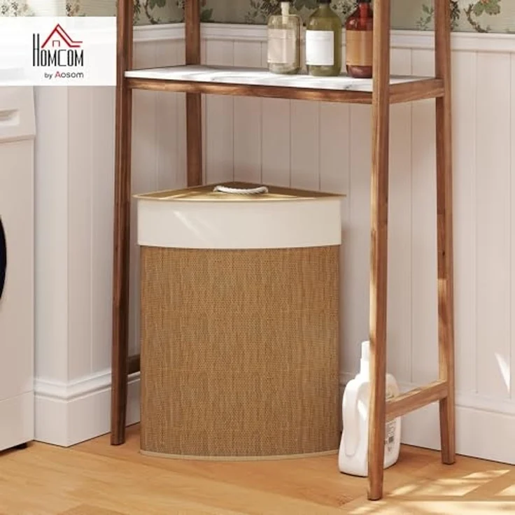 HOMCOM Wäschekorb 55 L Eckwäschekorb mit herausnehmbarem, waschbarem Innenbeutel (mit Deckel, 1 St, dreieckiger Wäschesammler aus Bambus), 35 x 35 x 60 cm, Braun – Bild 2