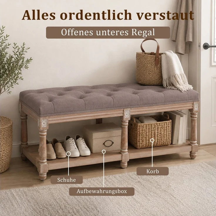 HomeMiYN Sitzbank Ottoman Sitzbank 2-Sitzer Polsterbank Leinenoptik bequem 240 kg (Packung), aus Massivholz Eiche – Bild 3