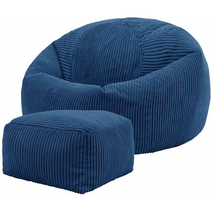 Icon Kingston Sitzsack mit Hocker Cord, Denimblau, Sitzsack Erwachsene mit Füllung, Bean Bag, Cord Sessel, Lounge Sessel, Lounge Stuhl, Schlafzimmer, Wohnzimmer, Wohnzimmer Möbel – Bild 1