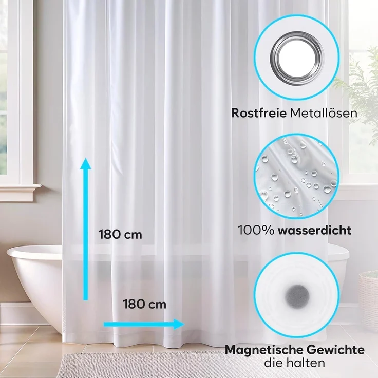 ZENO Duschvorhang 180x180 cm Anti Schimmel PEVA Rostfreie Ösen - Wasserfest – Bild 5
