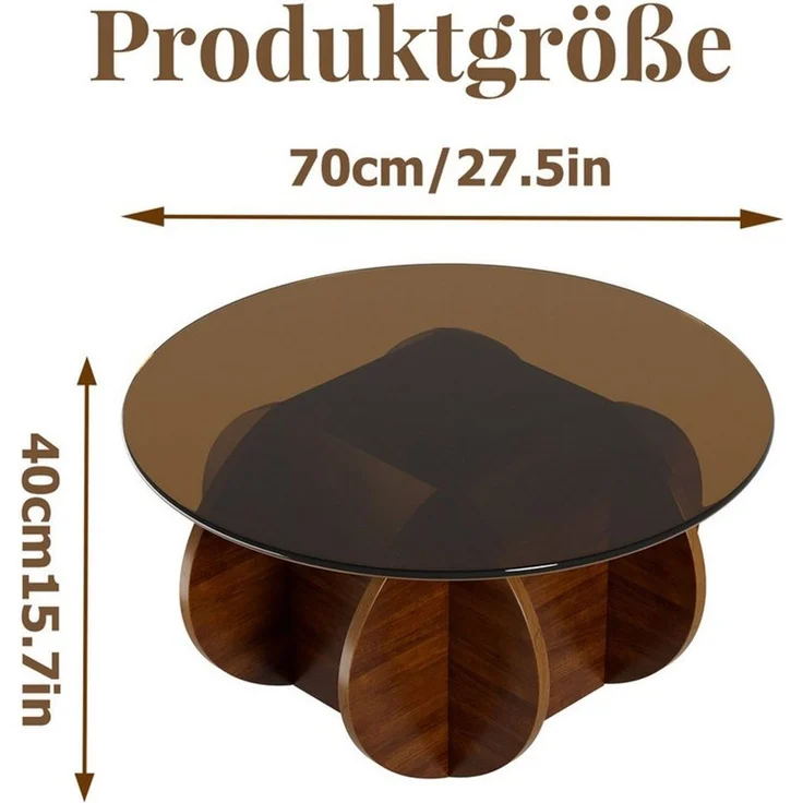 PEALOV Couchtisch mit Glasplatte und Holzgestell, Ø 70 × 40 cm, moderner Wohnzimmertisch (1-St), Moderner runder Beistelltisch aus gehärtetem Glas und Holz – Bild 2