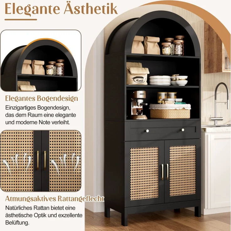 DESVIAE Vitrine Schwarz-Holzoptik – 70x170x40 cm – Rattantüren, Schublade – Bild 5