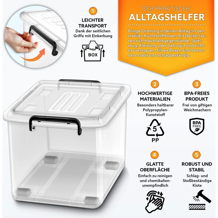 tillvex® Aufbewahrungsboxen mit Deckel 4er Set - 88L, lebensmittelecht | Kunststoff Boxen Set stapelbar | Aufbewahrung Ordnungssystem Box groß | Aufbewahrungsbox Kleiderboxen transparent 100% Neumaterial – Bild 2