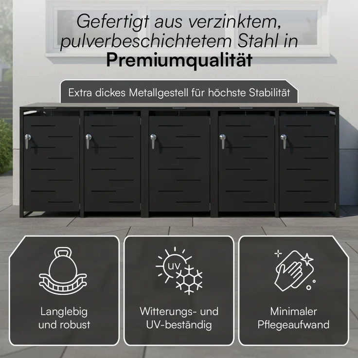 STEELSØN 'Diorus' Mülltonnenbox 5er je 120 Liter, graphitschwarz, Mülltonnenverkleidung aus Stahl mit Sichtstreifen, wetterfest, 102x62x294,5 cm, abschließbare Müllbox für 5 Tonnen – Bild 5