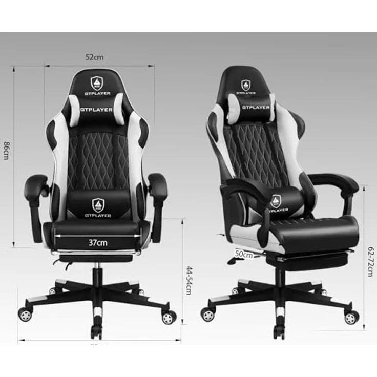 GTPLAYER Gaming Stuhl, Gamer Stuhl, Ergonomischer Bürostuhl mit mit Fußstütze verstellbare Lenden und Kopfkissen, Gaming Chair Gepolstert, Gaming Sessel 150 kg Belastbarkeit weiß – Bild 2