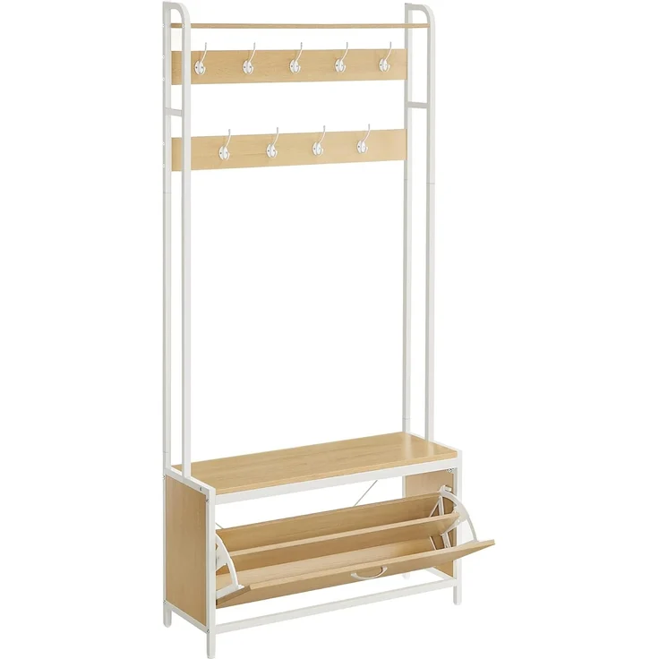 Vasagle Garderobenständer mit Schuhschrank, Garderobe mit Sitzbank, Kleiderständer, Schuhkipper, 9 Haken, obere Ablage, für Flur, Schlafzimmer, modernes Design, eichenfarben-weiß von Songmics RSH405W09 – Bild 1