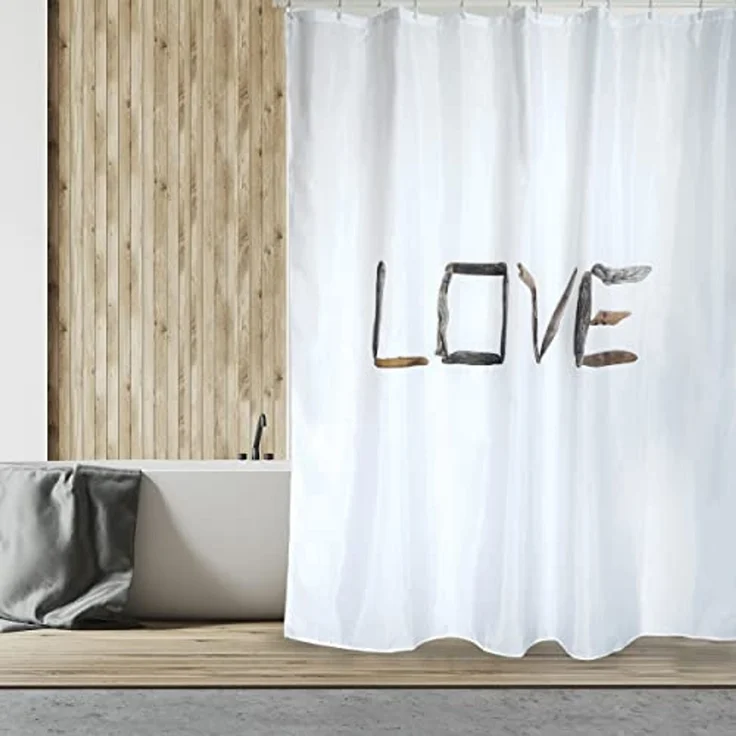 MSV Duschvorhang LOVE Breite 180 cm, Textil-Duschvorhang, 100% Polyester, wasserabweisend, Anti-Schimmel-Effekt, waschbar 30°, angesagter Shabby Look, Farbe weiß / braun, 180x200 cm – Bild 1