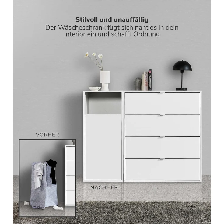 mokebo Wäscheschrank Der Wäschehüter (1-türig) Wäschekorb oder Wäschesammler mit Magnetverschluss in Weiß – Bild 3