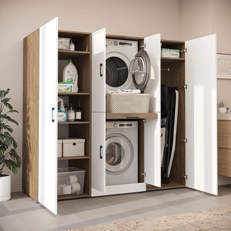 Roomart Waschmaschinenschrank - DORA-I- 190 cm breit - Wasch- & Trocknerschrank mit 2 Hochschränken, Türen & Ausziehbrett, Waschmaschinen-Überbau für Waschküche & Hauswirtschaftsraum • Weiß-Eiche – Bild 3