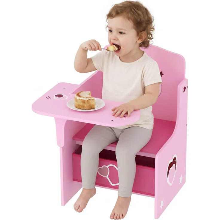 MELAYR, Kindertisch mit Stuhl 2-in-1 Integrierte Kindersitzgruppe mit Stauraum Platzsparend für, 58.5 x 51 x 59 cm, Rosa – Bild 1