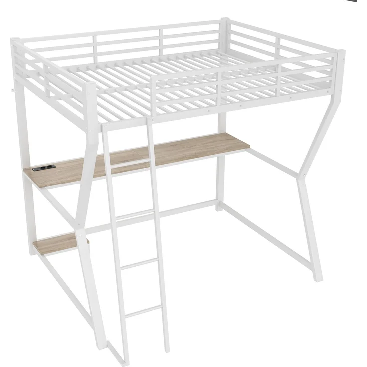 Hochbett, 140*200cm , Mit LED-Leuchten, Computerkonsolenablage, Schreibtisch, Steckdose+USB, Geländer, Treppe, ohne Matratze, Weiß – Bild 8