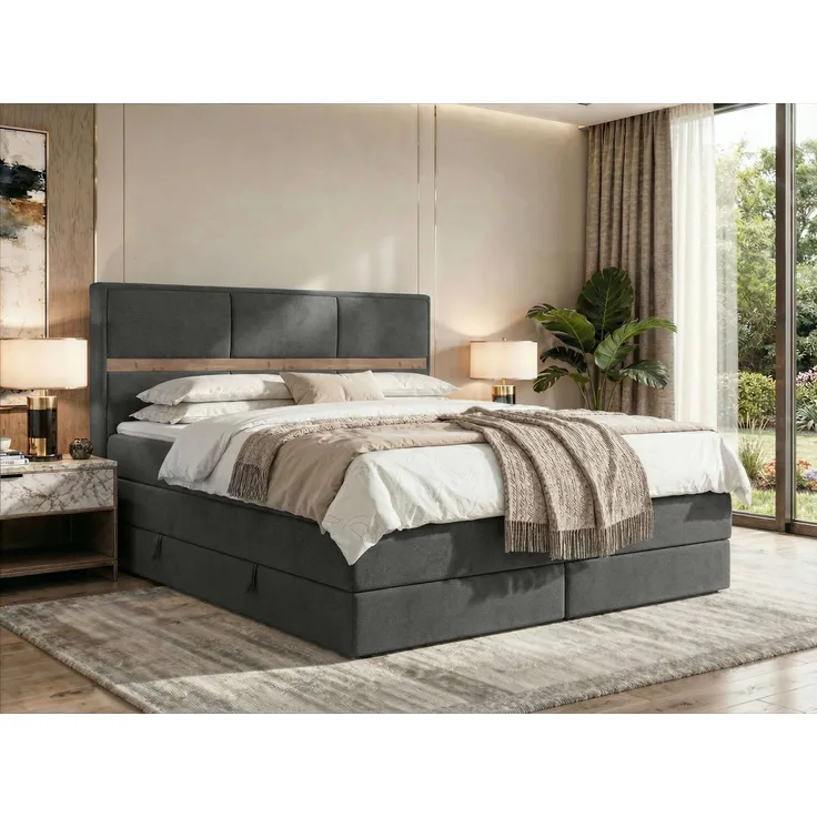 Doppelbett Boxspringbett ORVO KING 160 x 200 cm mit Stauraum, Multipocket-Matratze und Pocket 7 Härtezonen, H4, zwei Bettkästen - Topper T25 - Dunkelgrau Velvet