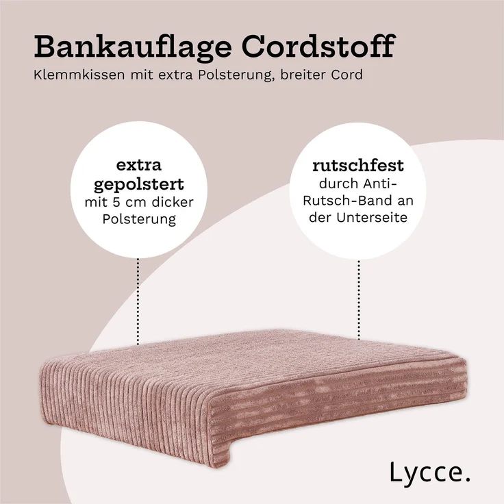 Lycce Bankauflage Klemmkissen mit Leiste - Cord, Polsterung, rutschfest Puderrosa 8x40x38cm – Bild 3