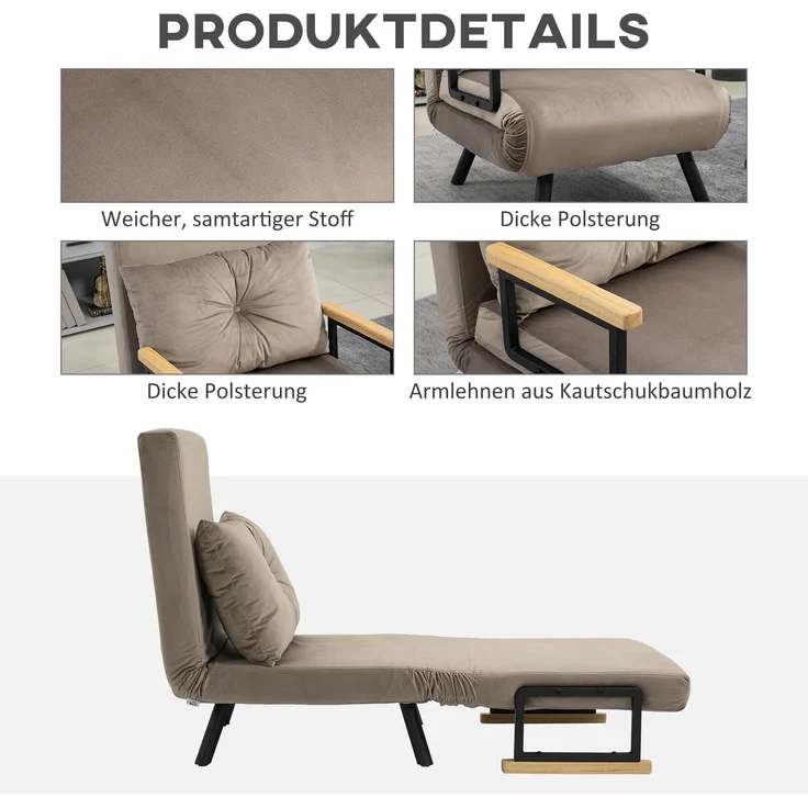 HOMCOM Relaxsessel mit Bettfunktion, Polstersofa mit verstellbarer Rückenlehne, Gästebett, Hellbraun, 63 x 73 x 81 cm – Bild 6