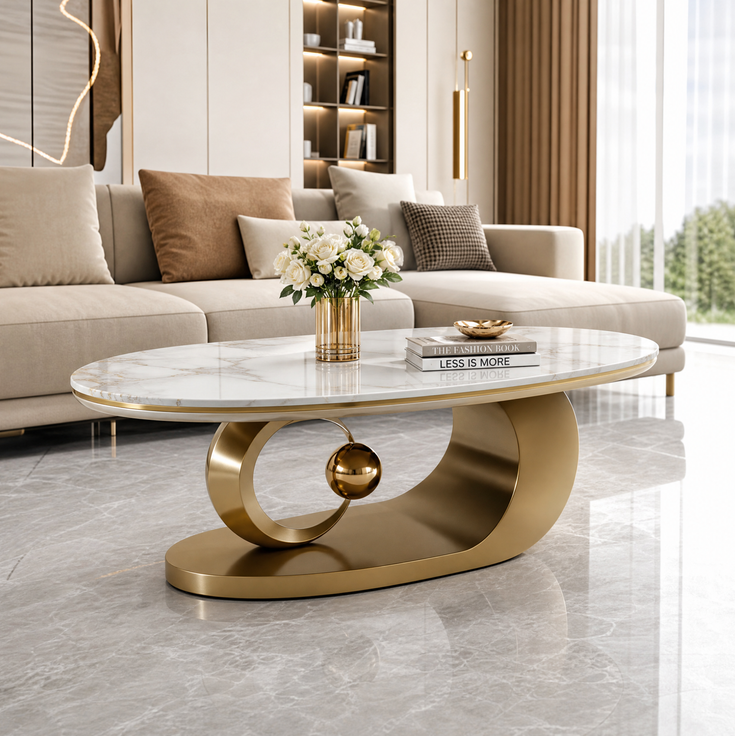 Ovaler Couchtisch mit Glasplatte in Marmoroptik, 120x67x45 cm, Gold/Weiß