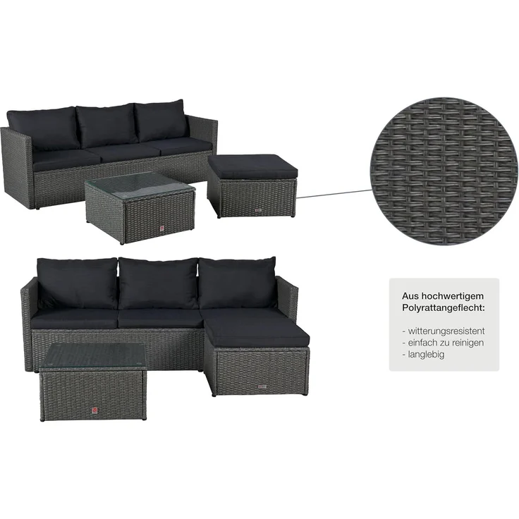 LC Garden Gartenlounge-Set Loungino« Poly Rattan Balkon Lounge Set Sofa + Hocker +Tisch Set, (Loungeset, 3-tlg, Set 3 tlg), Polsterung: Schaumstoff (waschbar bei 30 Grad) – Bild 4