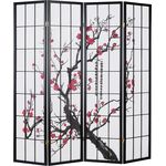 Homestyle4u Paravent 4-tlg., Kirschblütenzweige, Kiefernholz schwarz / Reispapier weiß, 176x179 cm