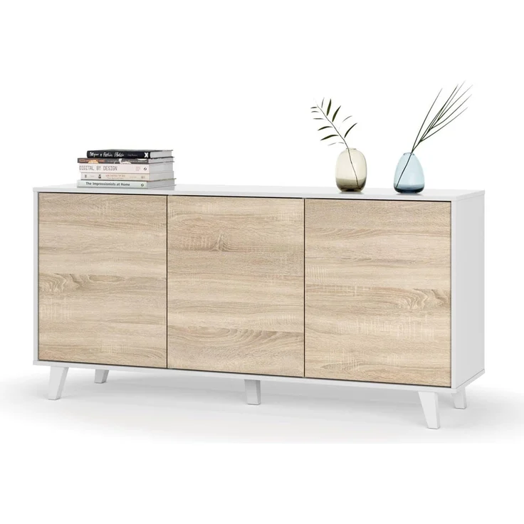Dmora - Anrichte Arvada, Modernes Sideboard mit 3 Türen und Einlegeböden, Küchenbuffet, Wohnzimmer-Design-Buffet, 154x40h75 cm, Weiß und Eiche – Bild 7