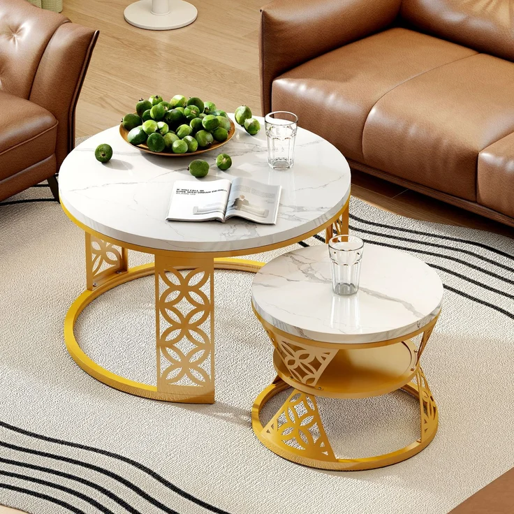 2er-Set runder Couchtisch aus Marmor-Furnier mit Kontrastdesign, nestbar, 70x70x45 cm + 45x45x37 cm – Bild 2
