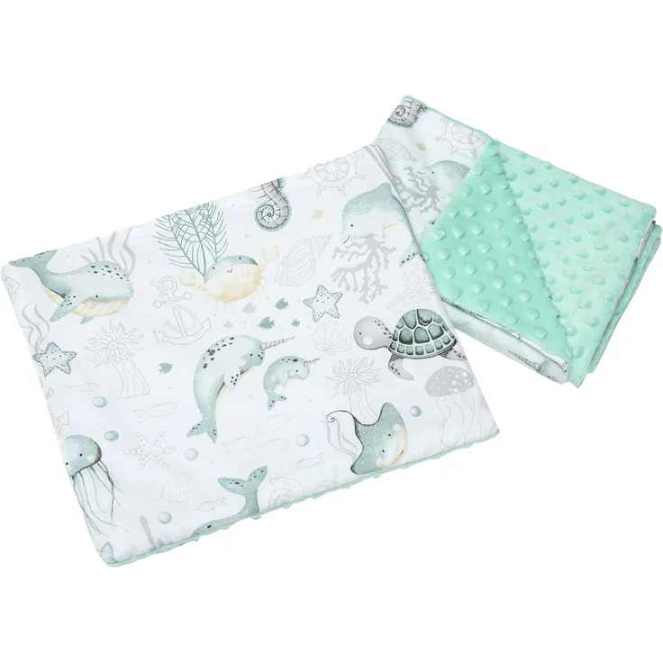 Medi Partners Babydecke Krabbeldecke mit Kissen 100% Baumwolle Minky Kinderdecke 55x75 + 35x30cm multifunktional für Kinderwagen Babyschale Wiege (Ozean mit Mint Minky)