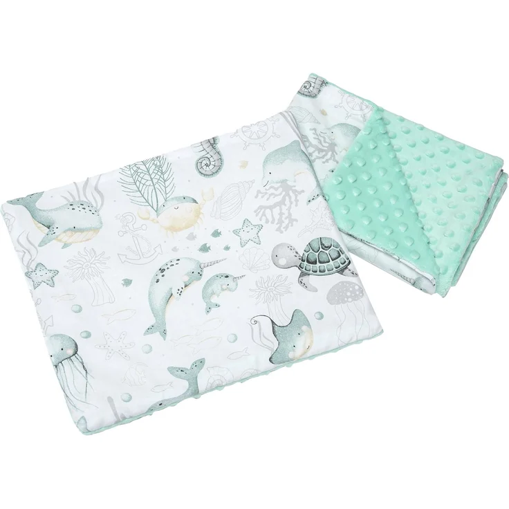 Medi Partners Babydecke Krabbeldecke mit Kissen 100% Baumwolle Minky Kinderdecke 55x75 + 35x30cm multifunktional für Kinderwagen Babyschale Wiege (Ozean mit Mint Minky)