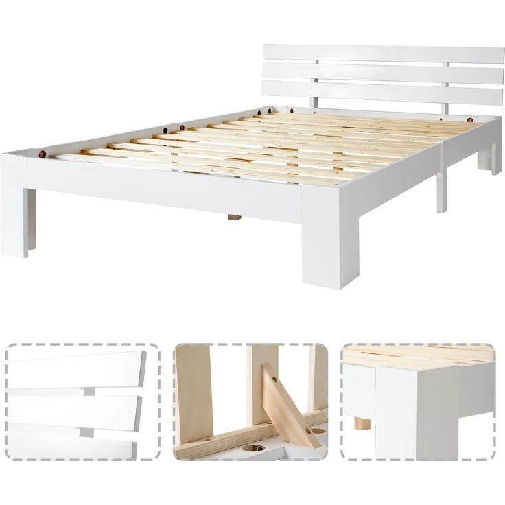 Holzbett Massivholz mit Lattenrost, 140x200 cm, Weiß, ohne Matratze – Bild 3