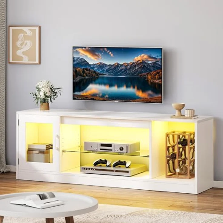 YITAHOME TV Schrank, TV Lowboard LED Weiß - Fernsehschrank Fernsehtisch mit RGB-LED-Leuchten Lowboard und Glasregal Fächern für 65 Zoll & kleinere TVs,für Wohnzimmer Schlafzimmer, B148 x H51 x T32 cm – Bild 8