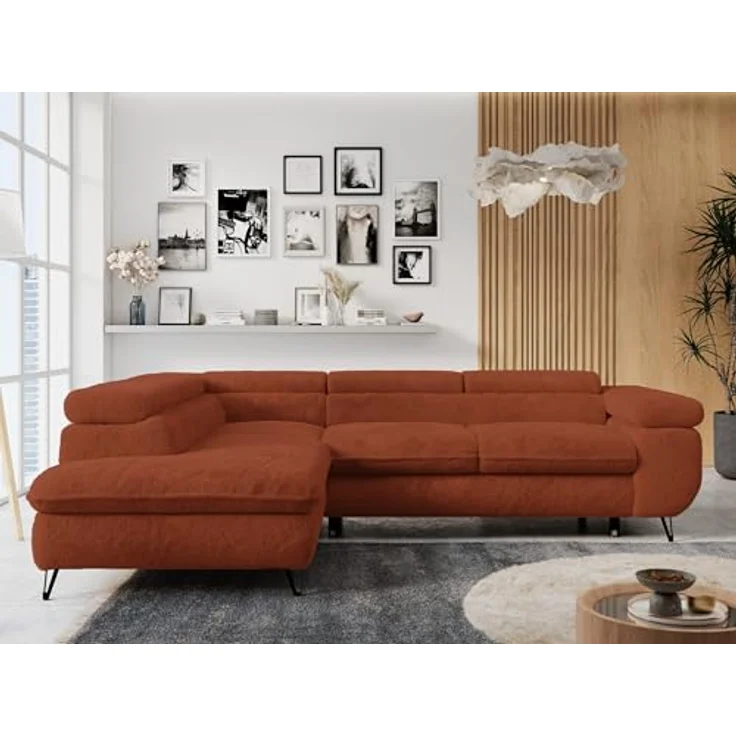 Ecksofa mit Bettfunktion, Modern Sofa, L-form, Einstellbare Kopfstützen, Bettkasten - PETER - Orange Plüsch - Topper T25 - links – Bild 3