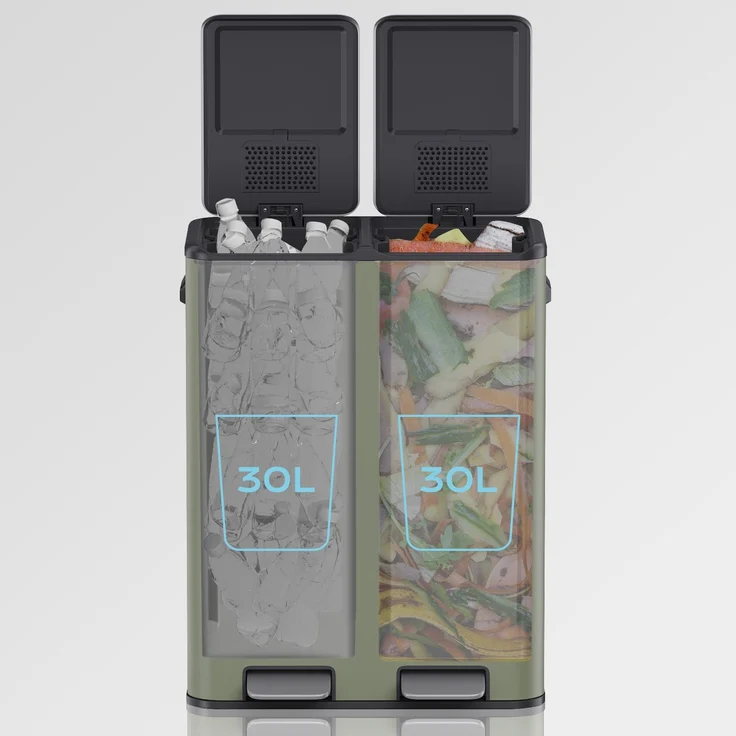 MAXCRAFT Küchen-Mülleimer 60L – Treteimer mit Soft-Close & Doppelfach für Mülltrennung, Grün – Bild 3