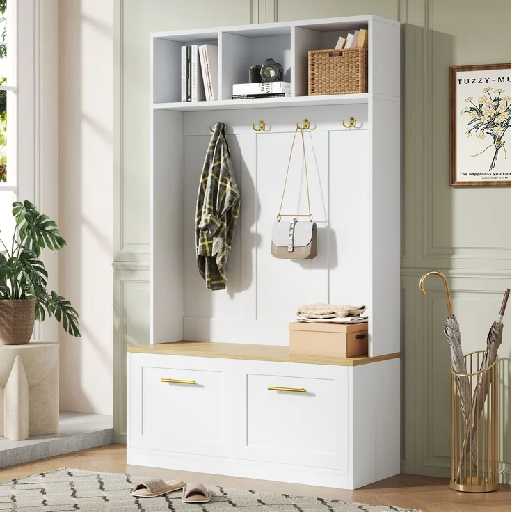 Garderobenset mit Sitzbank, Stauraum und 4 Haken, 105x40x180 cm, Natur/Weiß – Bild 1