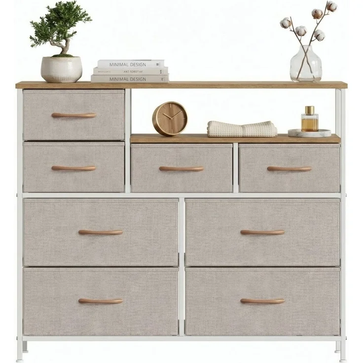 Refined Living Kommode Stoffkommode mit 6/7/8 Schubladen mit 2 offenen Ablagen Komodenschrank (Holzplatte und Metallrahmen, wasserdicht, Platzieren Dekorationen, Große Kapazität Aufbewahrungsmöbel, Sideboards, Schubkastenkommode), für Wohnzimmer, Kinde... – Bild 1