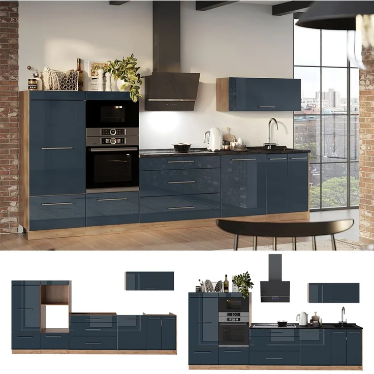 Küchenzeile Fame-Line Dunkelblau Hochglanz/Goldkraft Eiche 340 cm, AP Marmor Vicco – Bild 4