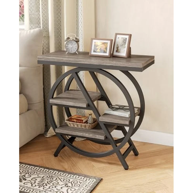 Beistelltisch, schmaler Beistelltisch mit 4 Ebenen großem Stauraum, moderner Nachttisch für Wohnzimmer, Homeoffice, Schlafzimmer, 2er Set, Grau – Bild 4