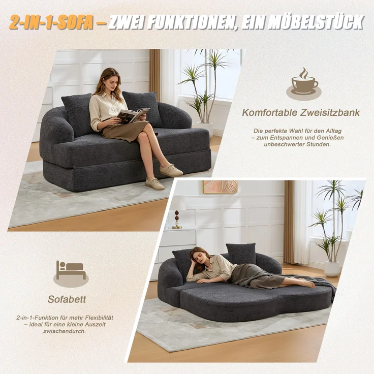 Rayofly-2-in-1 Schnellsofa Zweisitzer, 2 Kissen, ausklappbares Schlafsofa, dunkelgraue Chenille, für Gästezimmer & Wohnzimmer, H 65cm x T 157cm x B 84cm, Dunkelgrau – Bild 3