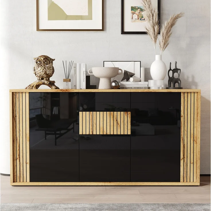 DESVIAE Sideboard Schwarz-Holzton aus MDF/Spanplatte – 140x71x35 cm – 3 Türen, 6 Fächer – Bild 3