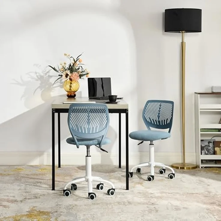 FurnitureR Blauer Schreibtischstuhl, modernes Design, robuster Kunststoff mit gepolstertem Komfortsitz, vielseitiger Gebrauch für Zuhause, Büro, platzsparend, mit Mobilitätsrollen, Geschenk für Kinder – Bild 1
