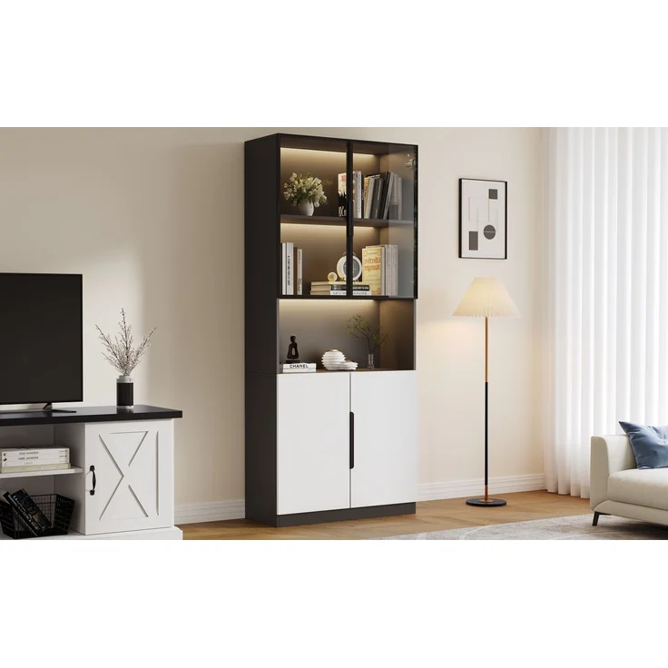 Moderne minimalistische Vitrine mit Glastüren, Vitrine mit LED-Leuchten, Bücherregal für Sammlerstücke, einstellbare Farbtemperatur und Helligkeit, weiße Türen mit schwarzer Dekoration, 80*30*200cm--Weiß--94.49x50.8x19.51cm--YOUDENOVA – Bild 8
