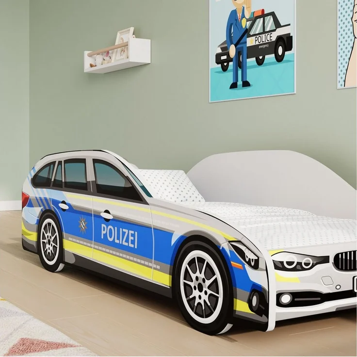 Kids Collective Autobett Kinderbett Jugendbett 70x140 und 80x160 cm Polizei Motiv, mit Rausfallschutz Kinder Spielbett 70x140 cm – Bild 2