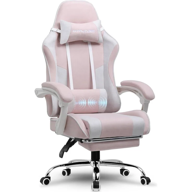 GTPLAYER Gaming Stuhl, Bürostuhl, Ergonomischer Pc Stuhl, Gaming Sessel mit Massagelendenwirbelstütze, Task Stühle mit Fußstütze und Kopfstütze, Rosa Stoff